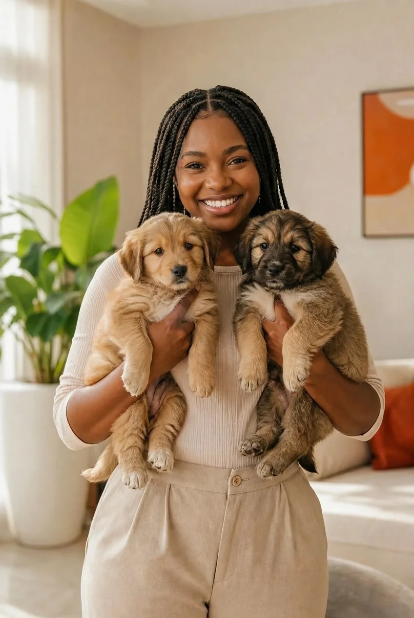 Pet owner with puppies