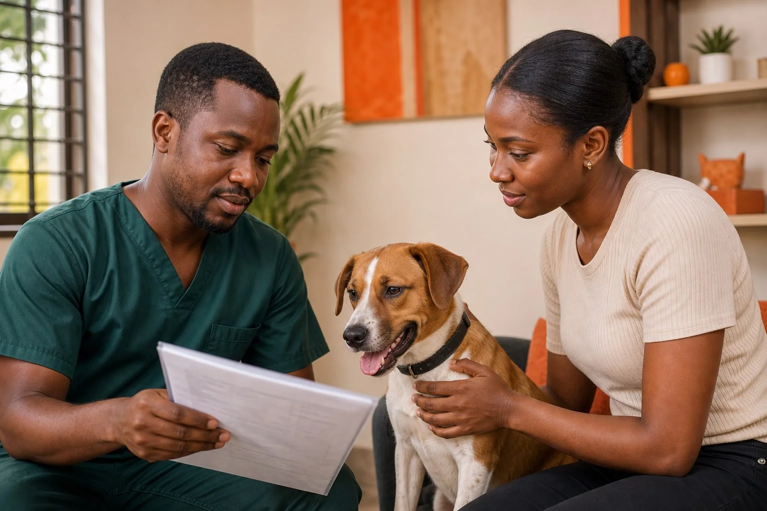 Pet owner reviewing a dog's health information with a professional